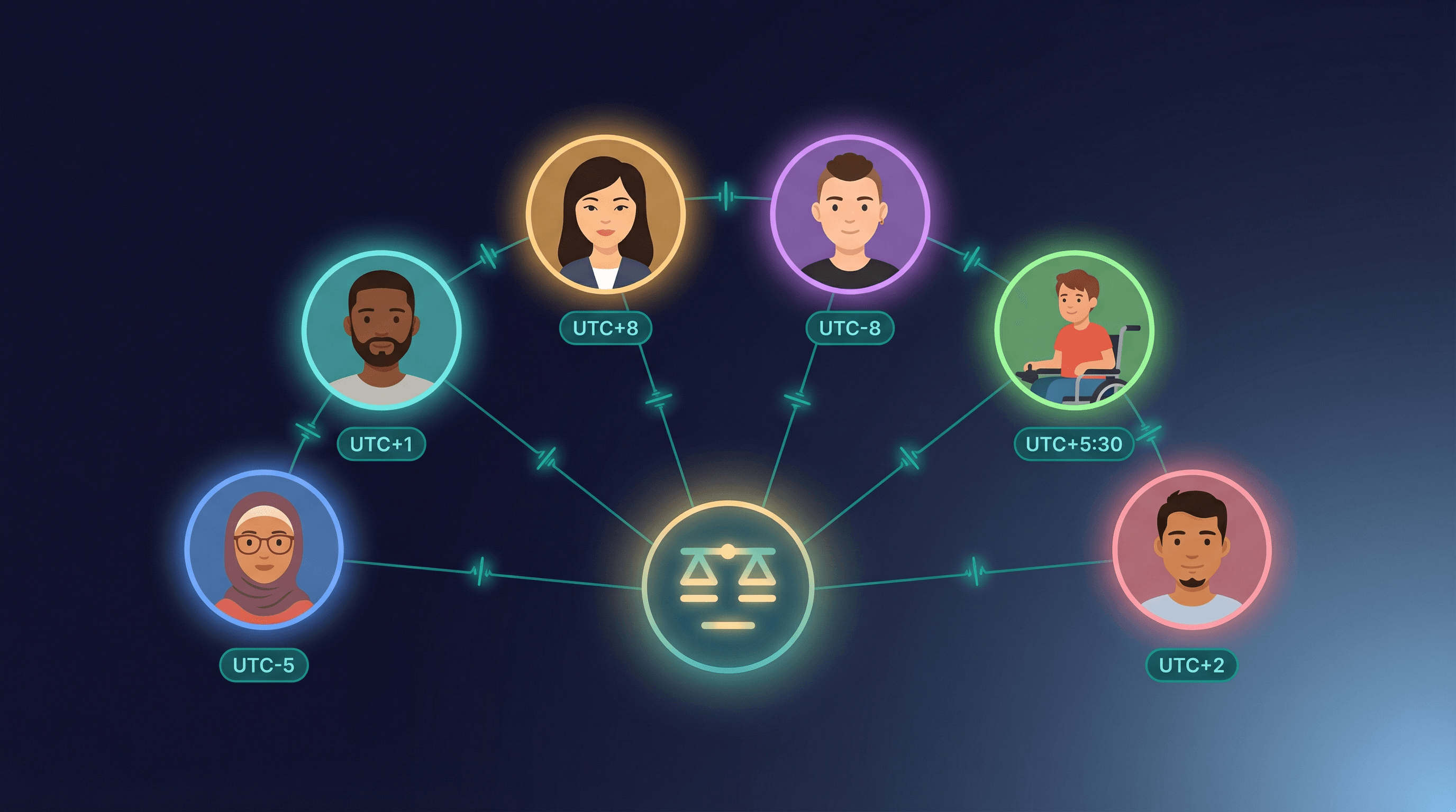 Network of diverse team avatars connected by glowing lines across different time zones