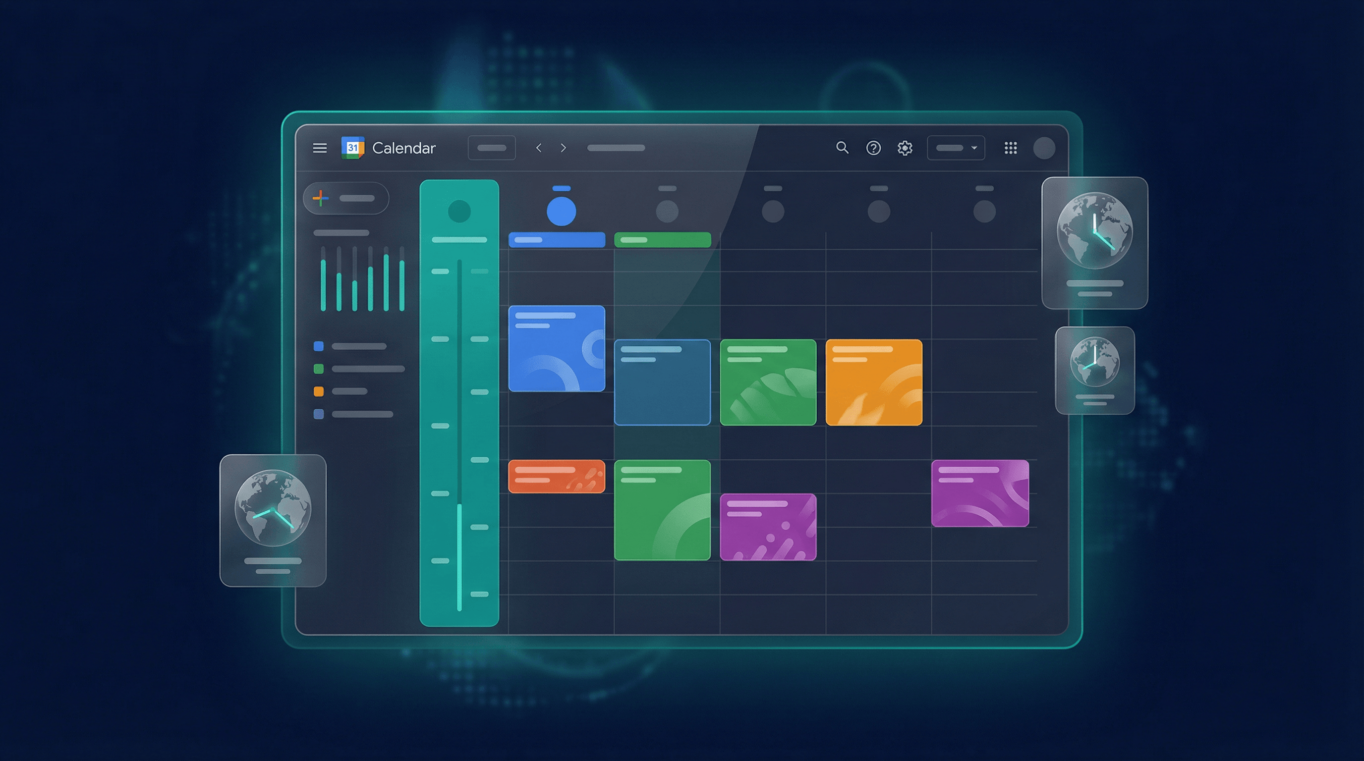 Stylized Google Calendar interface with dual timezone columns and meeting blocks