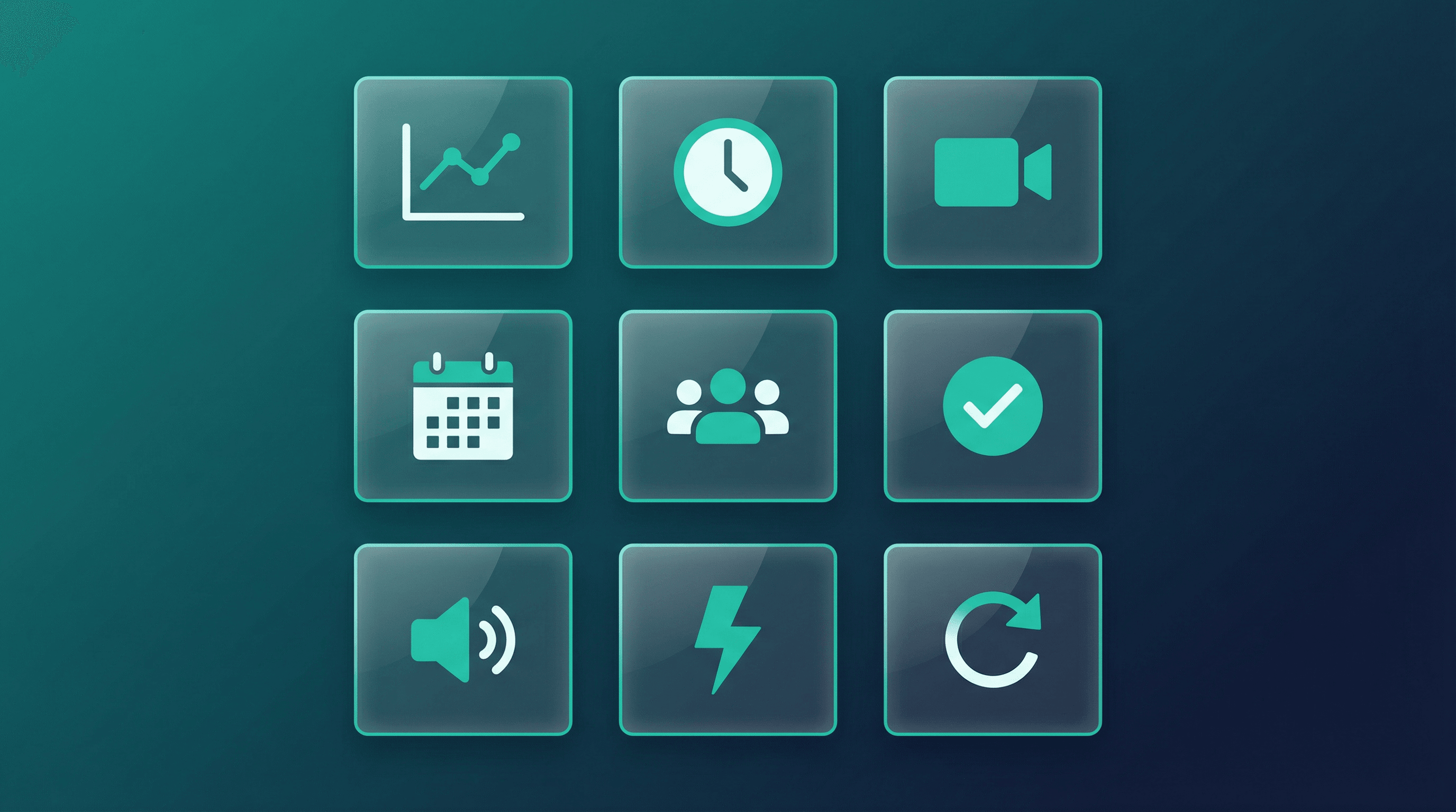 Grid of minimalist icons representing meeting best practices on glass-morphism cards