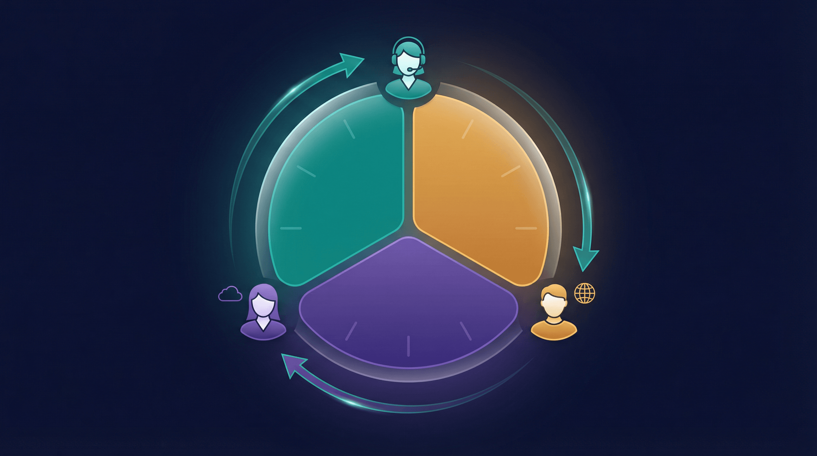 Circular clock face divided into timezone segments with rotation arrows showing fair meeting distribution
