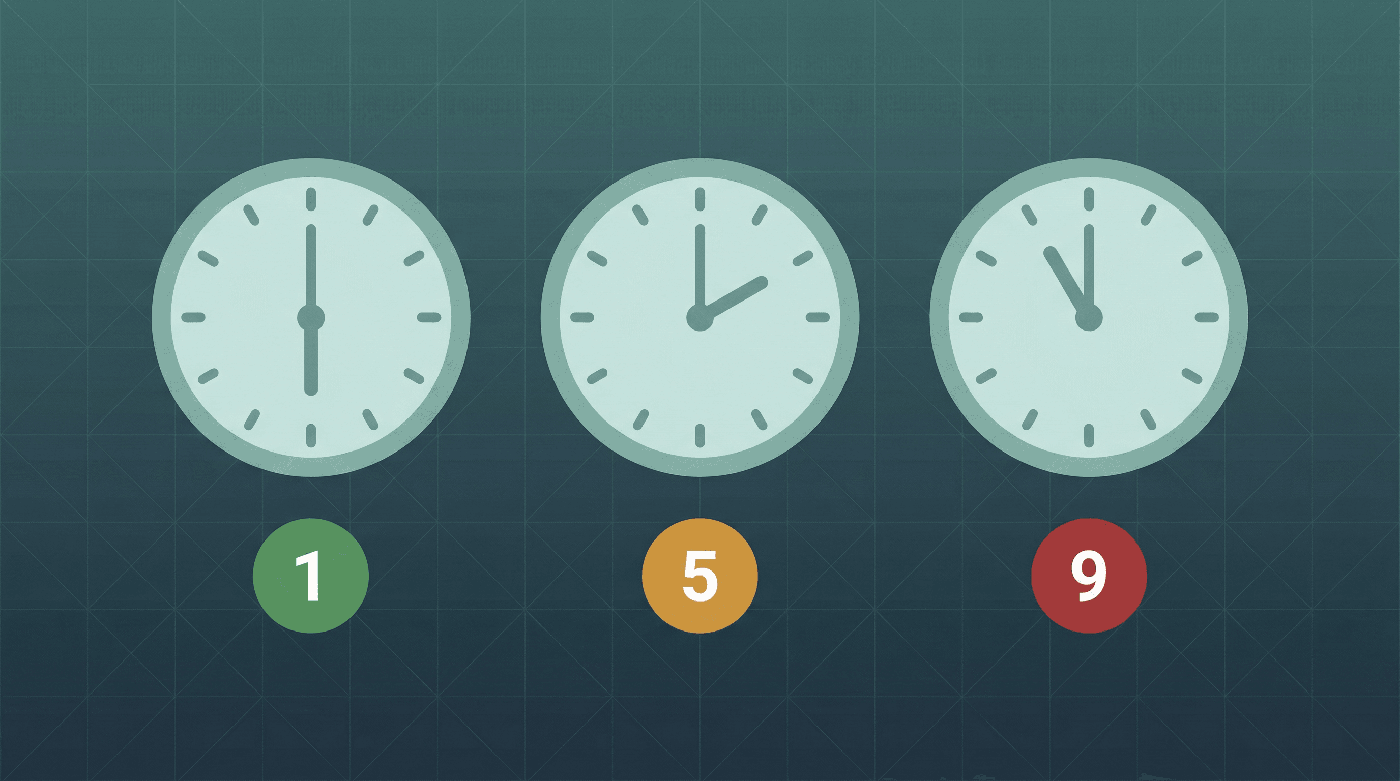 Three clocks showing different time zones with sacrifice score badges — green 1, amber 5, red 9