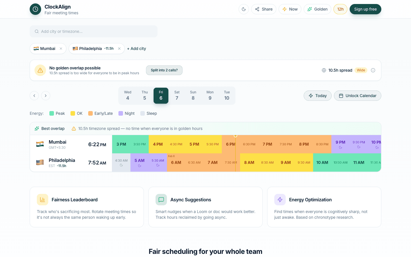 ClockAlign Fair Time Finder showing timezone comparison for Mumbai and Philadelphia